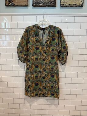 Viereck Peacock-Print Shift Dress - Teal, Gold & Navy Accents